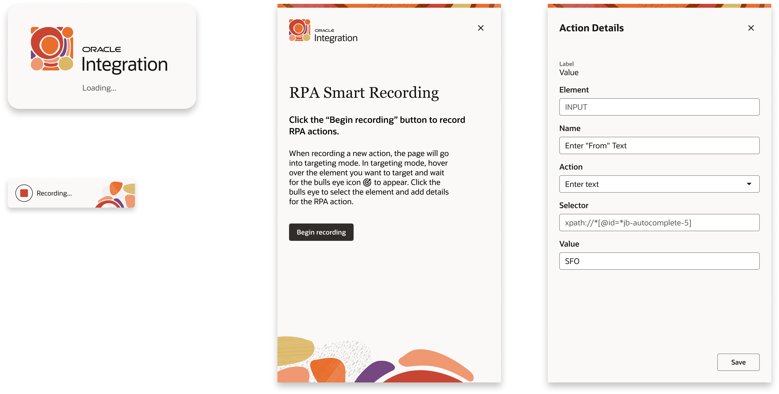 Oracle RPA Chrome extension recorder interface
